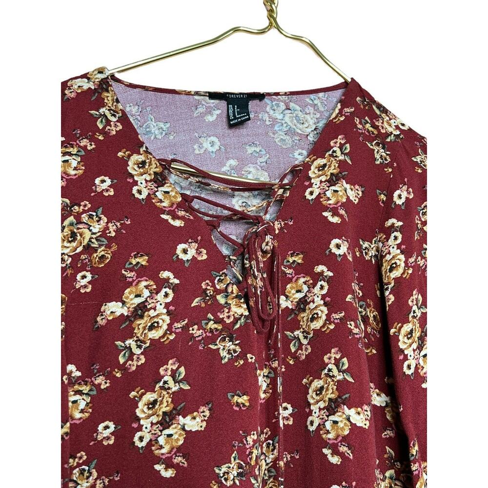 Forever 21 Burgundy Floral Lace-Up Crop Top Blouse Boho - Picture 2 of 7
